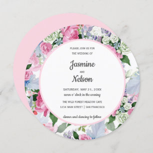 Invitation Boho Rustique rose blanc lilas bleu fleurs mariage