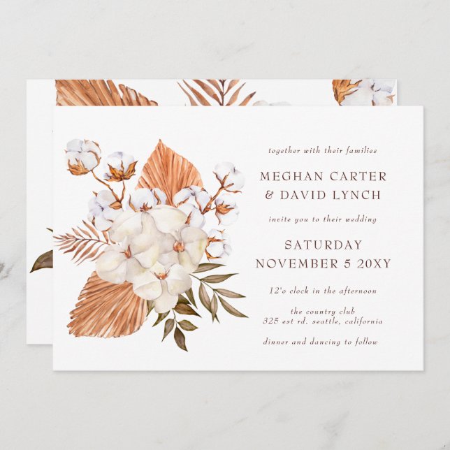 Invitation Boho Rustique séché Palm Coton Mariage tropical (Devant / Derrière)