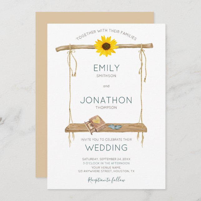 Invitation Boho Rustique Swing Sunflower Cercles Mariage (Devant / Derrière)