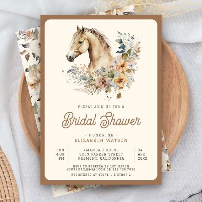 Invitation Boho Rustique Tan Floral Horse Fête des mariées (Créateur téléchargé)