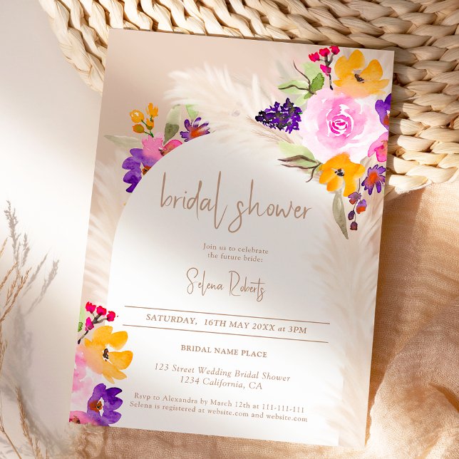 Invitation Boho sable pampas rose arc fleuri douche nuptiale (Boho sand pampas pink floral arch bridal shower invitation)