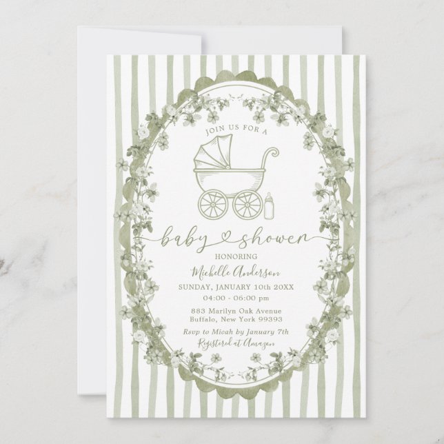 Invitation Boho Sage Baby Carriage Stripes Bow Baby shower (Devant)