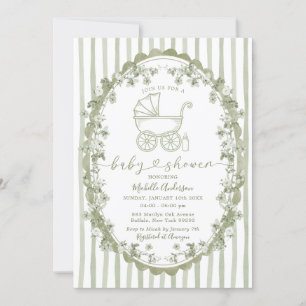 Invitation Boho Sage Baby Carriage Stripes Bow Baby shower