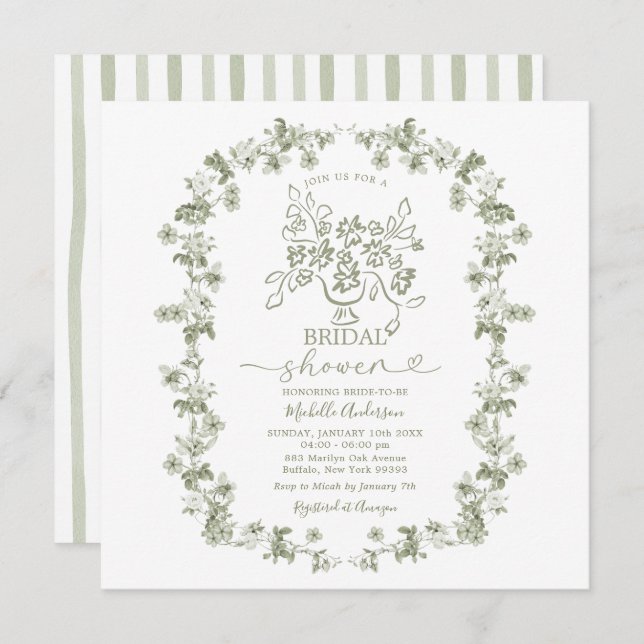Invitation Boho Sage Floral Bouquet Bow Fête des mariées (Devant / Derrière)