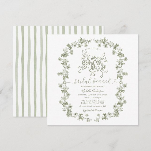 Invitation Boho Sage Floral Stripes Bow Bridal Brunch (Devant / Derrière)