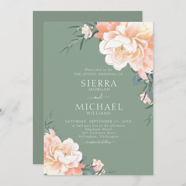 Invitation Boho Sage Green Blush Peach Crème Florale Mariage (Devant / Derrière)