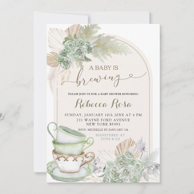 Invitation Boho Sage Green Floral Baby brasse du Baby shower (Devant)