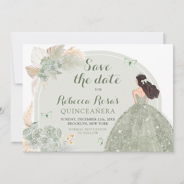 Invitation Boho Sage Green Floral Quinceañera Enregistrer La  (Devant)