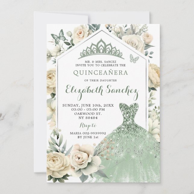 Invitation Boho Sage Green Ivory Quinceañera Royale (Devant)