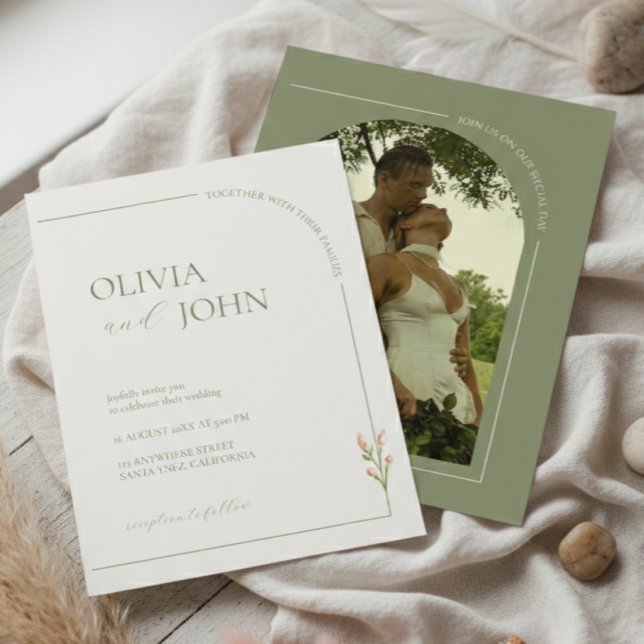 Invitation Boho Sage Green & Linen Arches Minimalist Photo  (Créateur téléchargé)