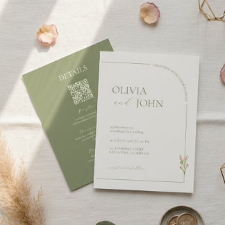 Invitation Boho Sage Green & Linen Minimalist w Details & QR 