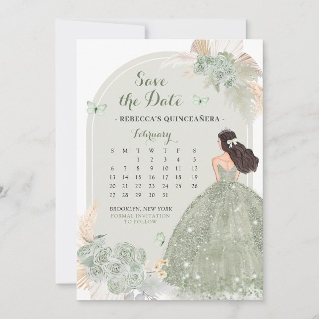 Invitation Boho Sage Green Mis Quince Enregistrer Le Calendri (Devant)