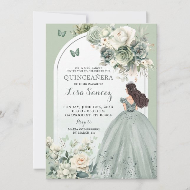 Invitation Boho Sage Green Princess Butterfly Quinceañera (Devant)