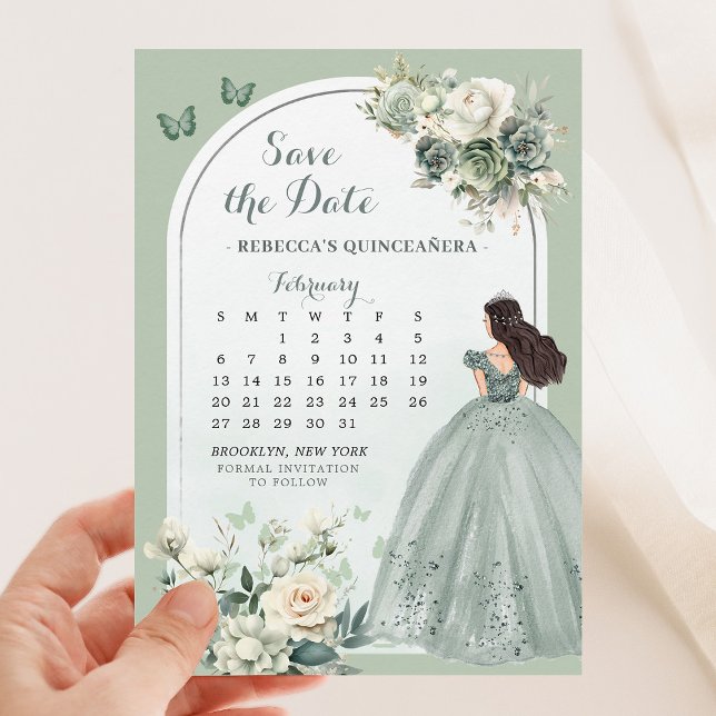Invitation Boho Sage Green Quinceañera Calendrier Enregistrer (Créateur téléchargé)