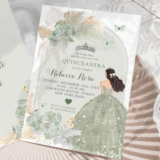Invitation Boho Sage Green Robe Rose Princesa Quinceañera (Créateur téléchargé)
