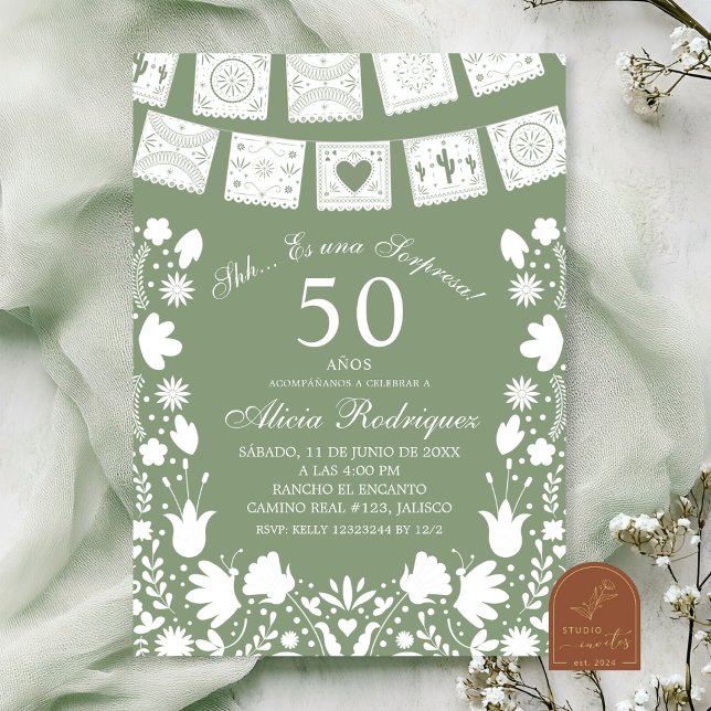 Invitation Boho Sage Green Talavera Mexican Surprise Birthday (Créateur téléchargé)