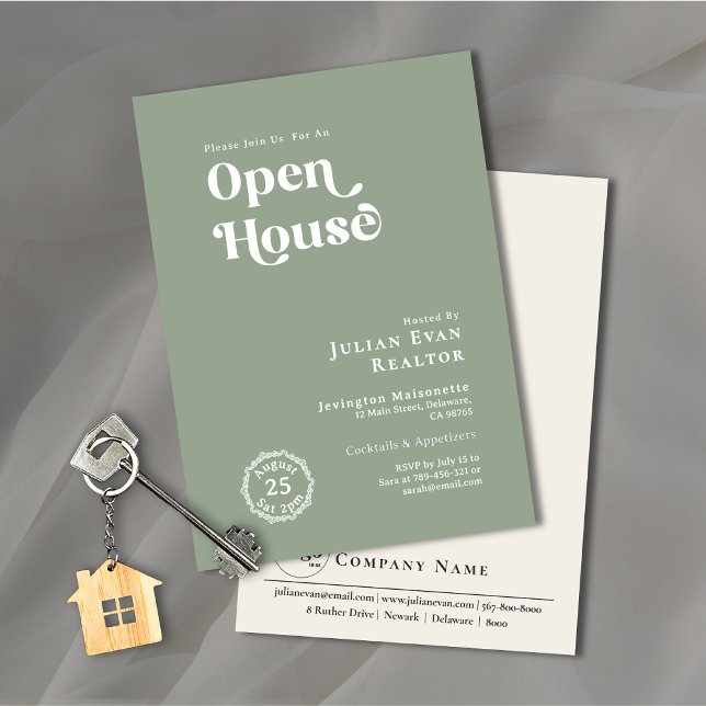 Invitation Boho Sage Green Typographie Affaires Open House (Property Photo Background Typography Open House Invitation)