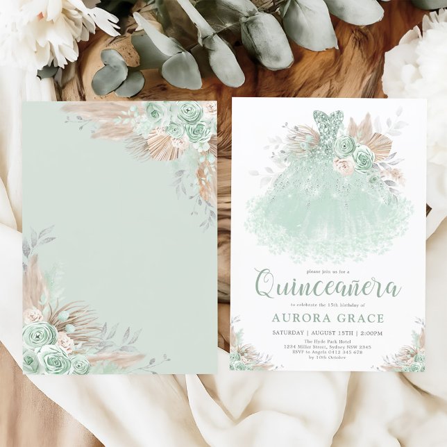 Invitation Boho Sage Vert Argent Quinceañera Princesse Robe (Créateur téléchargé)