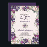 Invitation Boho Sage Vert Feuilles violet rose floral 40e<br><div class="desc">Belle invitation à la fête du 40ème anniversaire de style boho pour les femmes avec de magnifiques fleurs violettes et roses d'aquarelle et feuilles sauge vert sur un arrière - plan rose doux.</div>