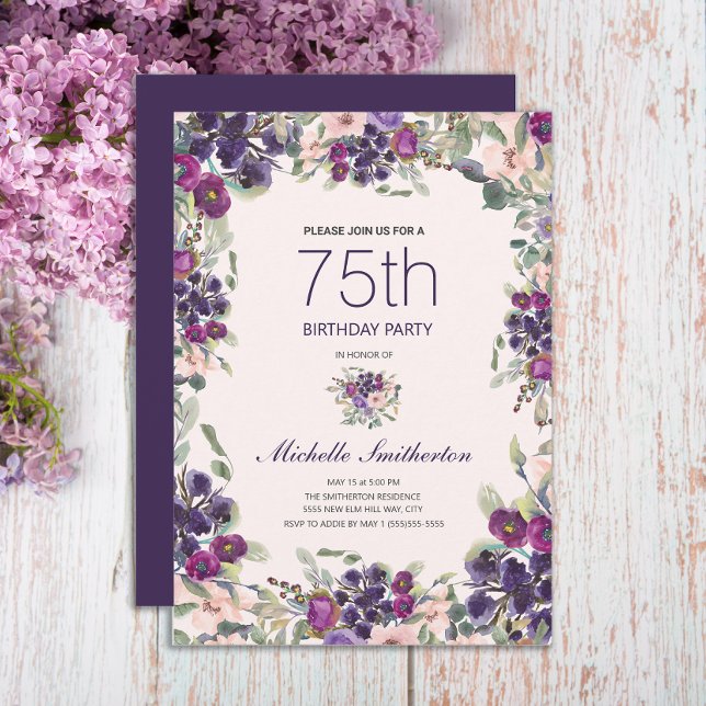 Invitation Boho Sage Vert Feuilles Violet Rose Floral 75ème (Elegant purple and pink watercolor floral 75th birthday party invitation)