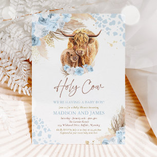 Invitation Boho Saint Vache Bleu Pampas Baby shower Garçon en