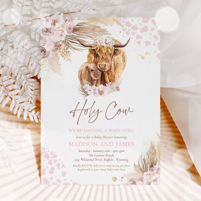 Invitation Boho Saint Vache rose Pampas Grass Girl Baby showe (Créateur téléchargé)