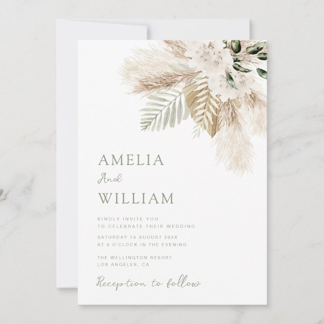 Invitation boho sauge vert et pampas herbe mariage (Devant)