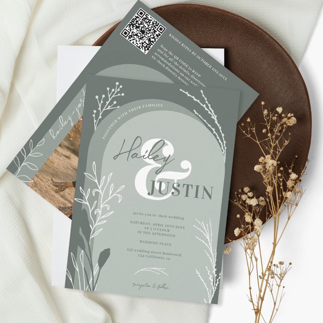 Invitation Boho sauge vert photo noms script arche mariage (Créateur téléchargé)