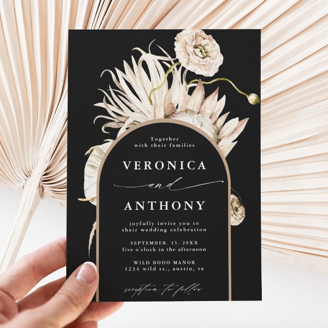 Invitation Boho sauvage Pampas Grass Floral Mariage Noir (Créateur téléchargé)