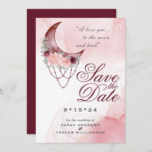 Invitation Boho Save the Date Pink Maroon Crescent Moon