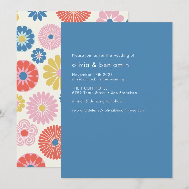 Invitation Boho scandinave Fleur folk Bleu Mariage simple (Devant / Derrière)