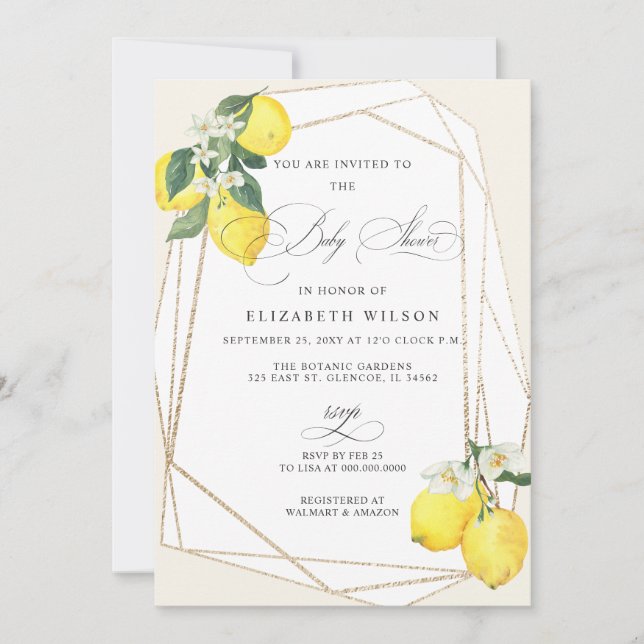 Invitation Boho Script Citron Baby shower d'été (Devant)
