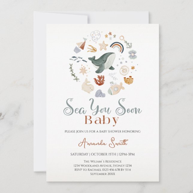 Invitation Boho Sea You Soon Naissance nautique pour bébé (Devant)