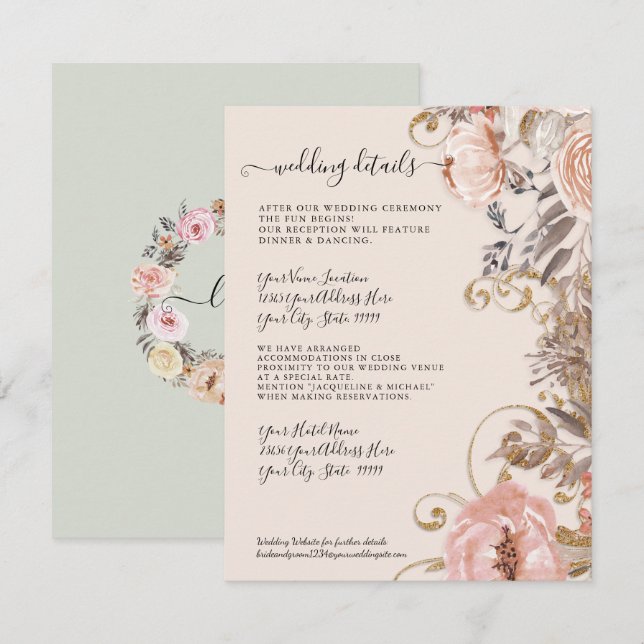 Invitation Boho séché Floral Blush Rose Gold Détails Mariage (Devant / Derrière)