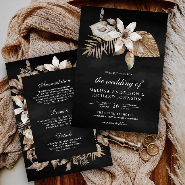 Invitation Boho séché Palm Floral tout en un Mariage noir (Créateur téléchargé)