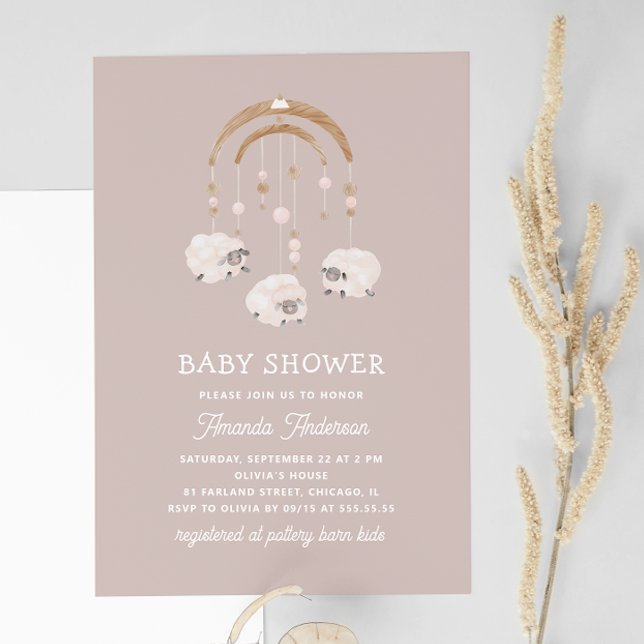 Invitation Boho Sheep Mobile | Baby shower léger Mauve doux (Créateur téléchargé)