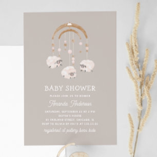 Invitation Boho Sheep Mobile   Baby shower neutre gris chaud