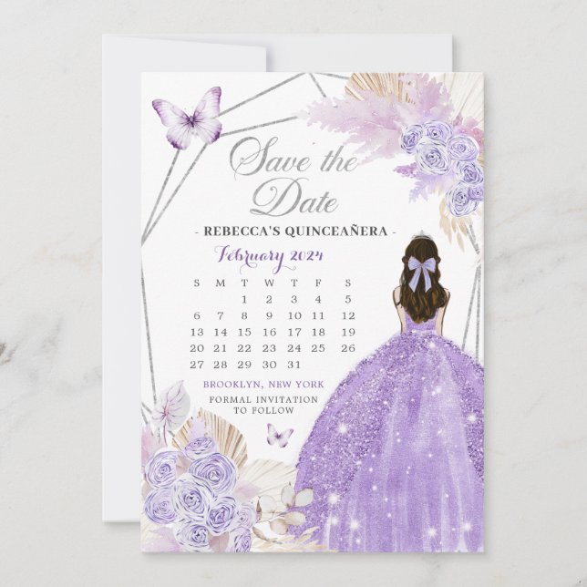 Invitation Boho Silver Lilac 15 Años Enregistrer La Date Cale (Devant)