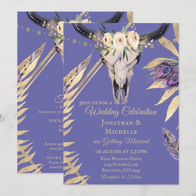 Invitation Boho Skull Periwinkket Gold All In One Mariage (Devant / Derrière)