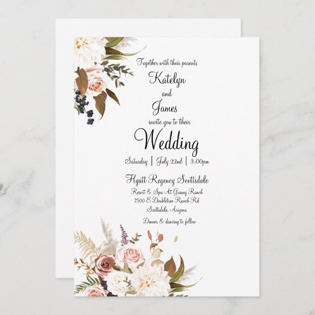 Invitation Boho Soft Coloured Roses & White Flowers Mariage (Devant / Derrière)