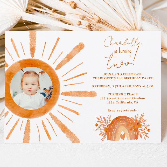 Invitation Boho soleil arc-en-ciel orange 2e anniversaire (Créateur téléchargé)