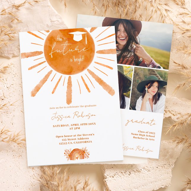 Invitation Boho soleil arc-en-ciel orange 4 photos graduation (Créateur téléchargé)