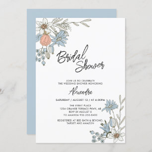 Invitation Boho Spring Blue Floral Bridal Brunwer Invit