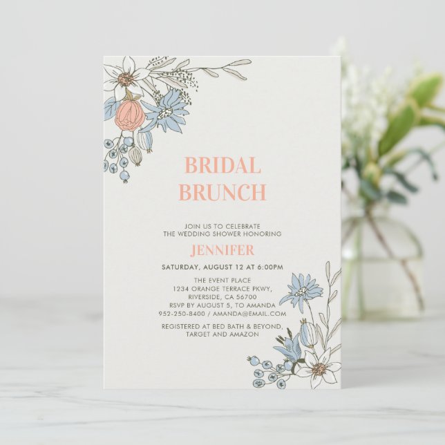 Invitation Boho Spring Blue Floral Bridal Brunwer Invit (Debout devant)