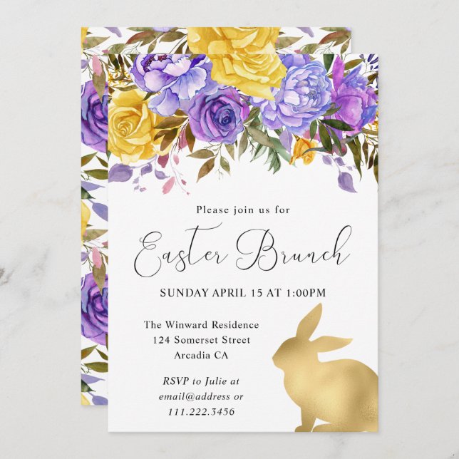 Invitation Boho Spring Flowers and Gold Bunnies Brunch de Pâq (Devant / Derrière)