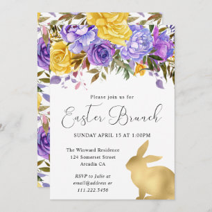 Invitation Boho Spring Flowers and Gold Bunnies Brunch de Pâq