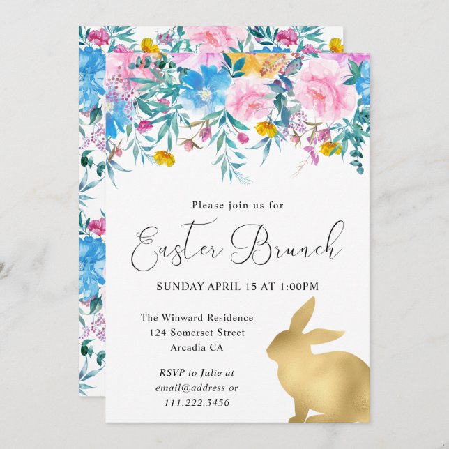 Invitation Boho Spring Flowers and Gold Bunnies Brunch de Pâq (Devant / Derrière)