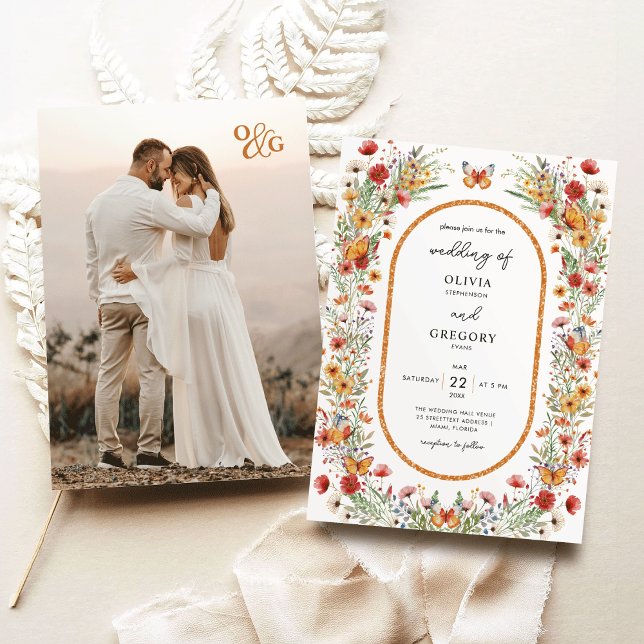 Invitation Boho Spring Watercolor Fleurs sauvages Mariage pho (Boho Spring Watercolor Wildflowers Butterflies Monogram photo Wedding Invitation)