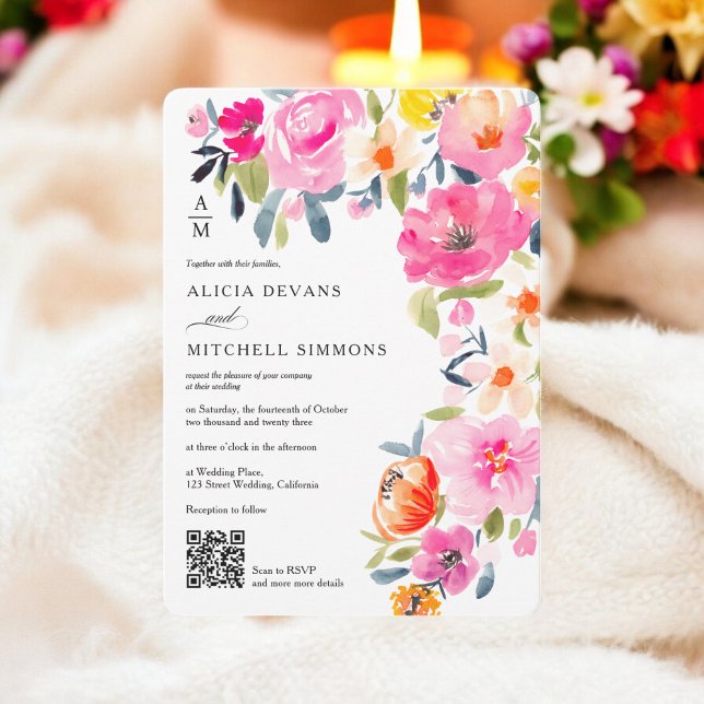 Invitation Boho Spring Watercolor Floral Mariage QR mariage (Boho Spring Watercolor Floral Wedding QR wedding Invitation)