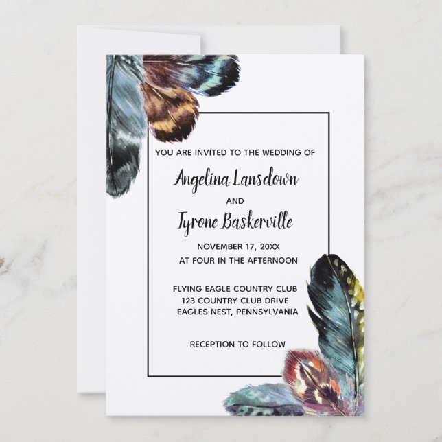 Invitation Boho Style aquarelle plumes mariage personnalisé (Devant)